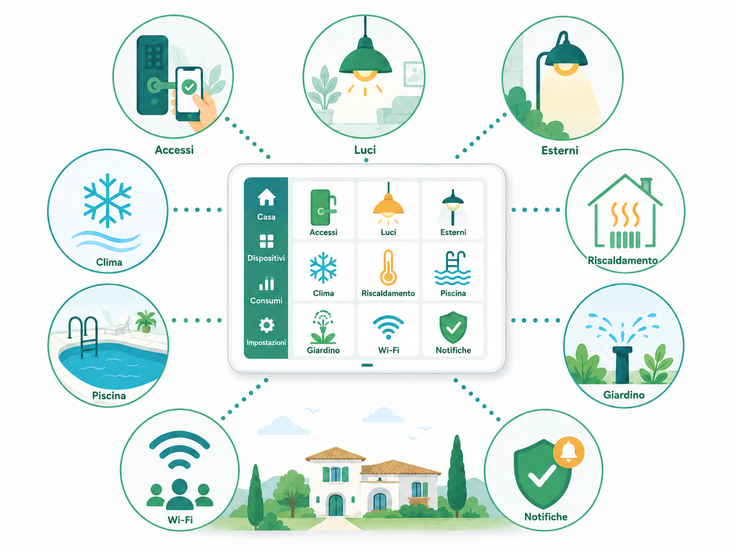 Infografica stilizzata di un ecosistema domotico per struttura ricettiva con Wi-Fi, sicurezza, illuminazione, riscaldamento, climatizzazione, piscina e giardino.