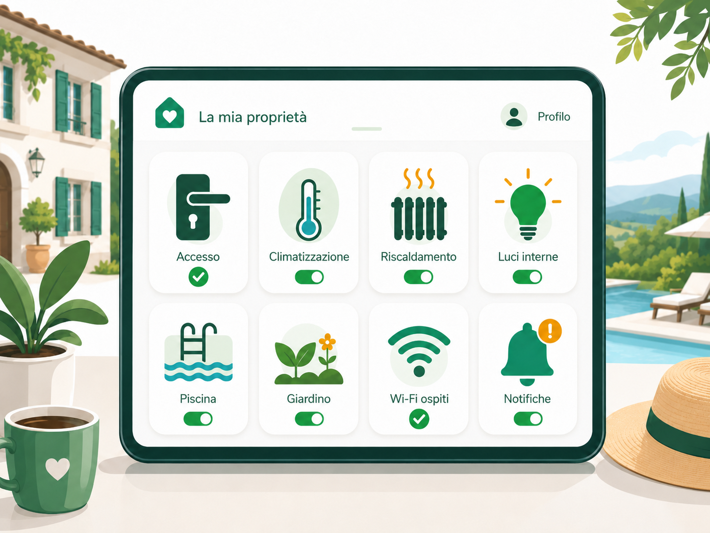 Pannello di controllo per accessi, clima, luci, piscina, giardino e Wi-Fi in una struttura ricettiva.
