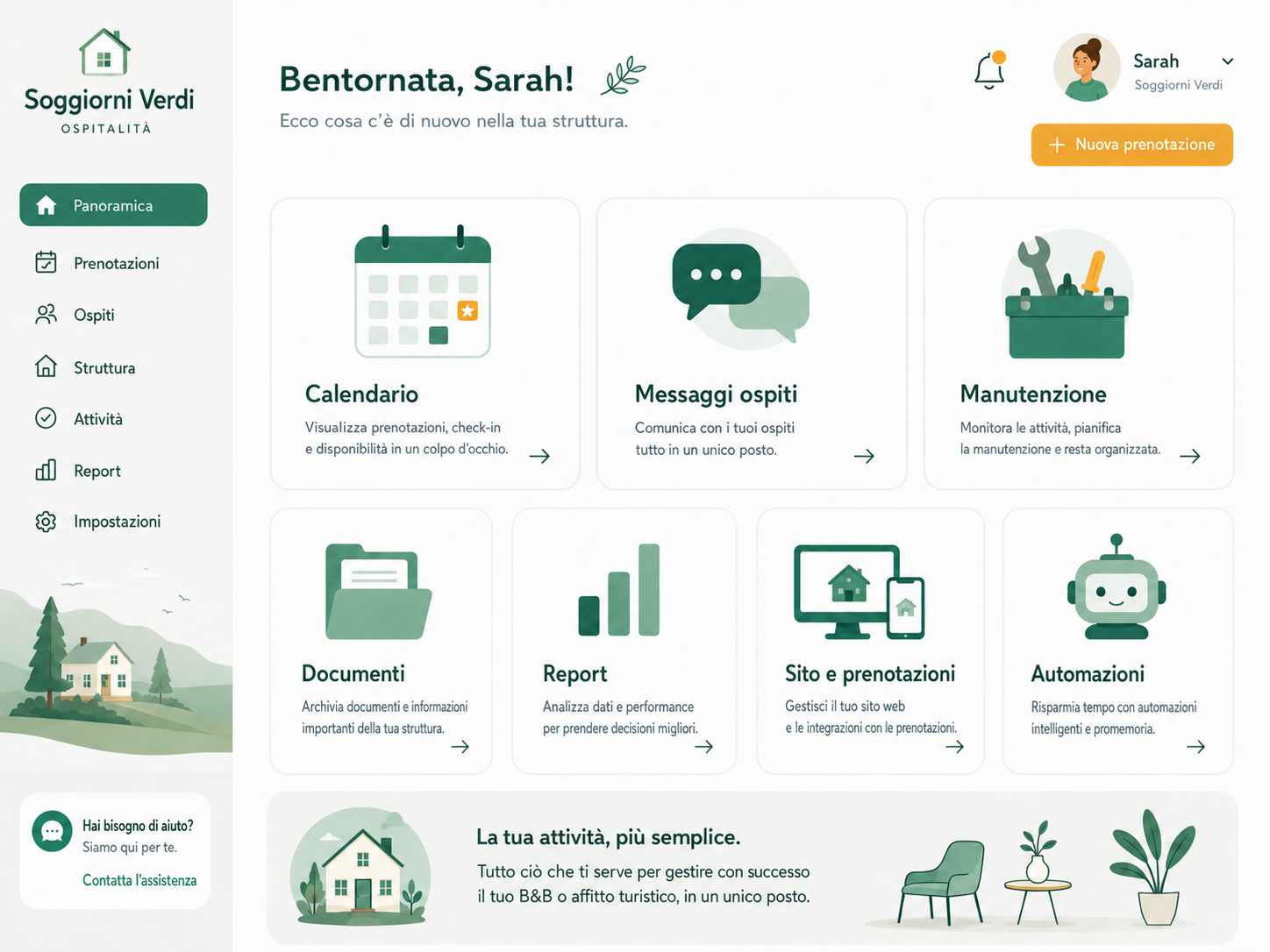 Illustrazione stilizzata di un’interfaccia software per gestione ricettiva con calendario, documenti, accessi e automazioni.